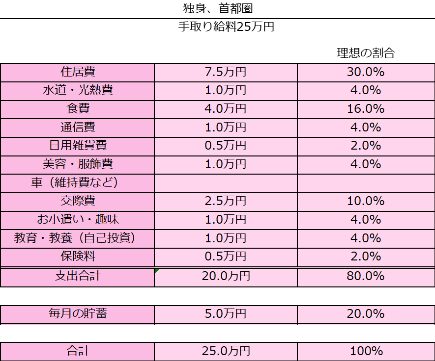 首都圏独身手取り25万円の場合